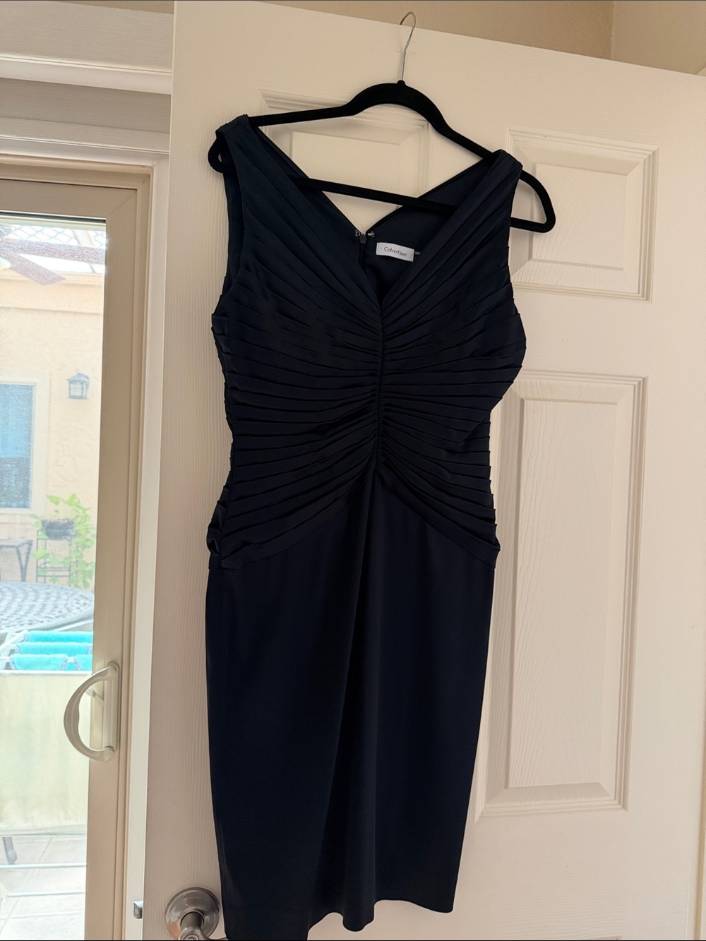 Calvin Klein Navy Pleated V-Neck Midi Dress